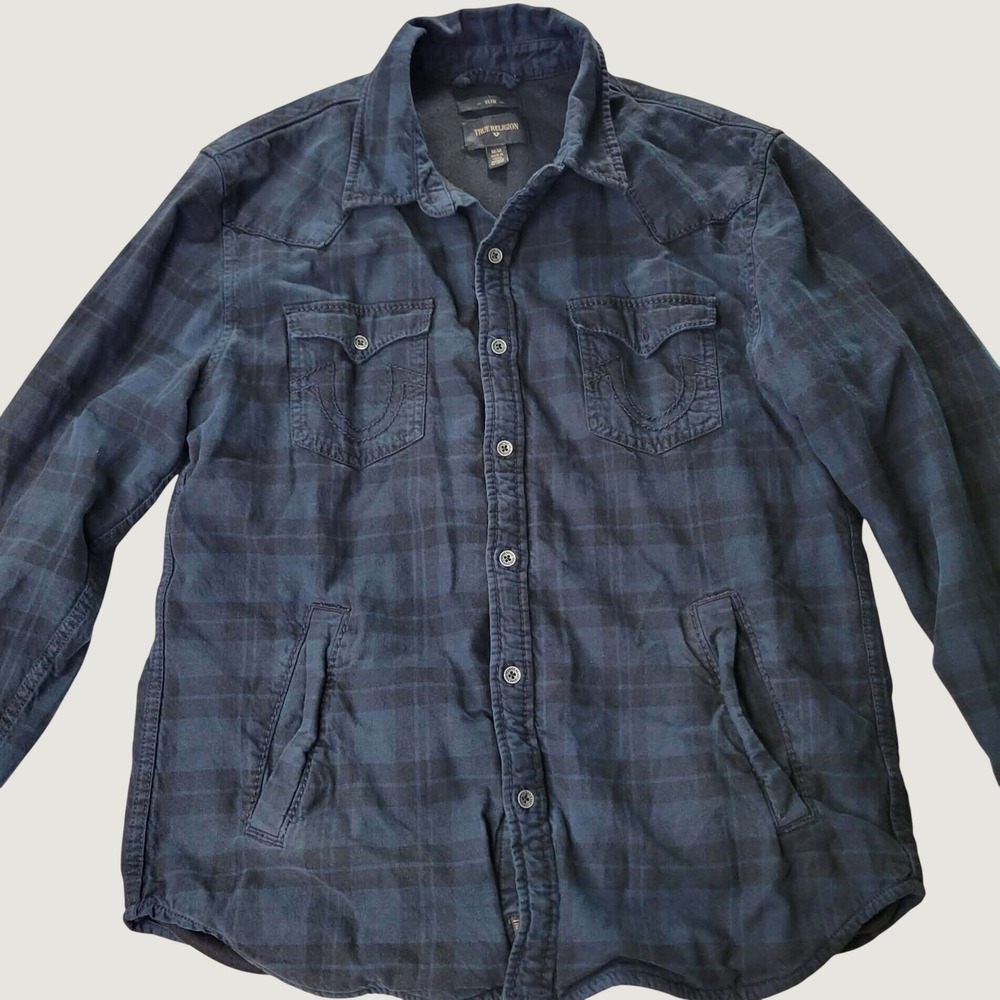 True Religion Shirt Jacket Mens Medium Navy Black Plaid Slim Fit Heavyweight